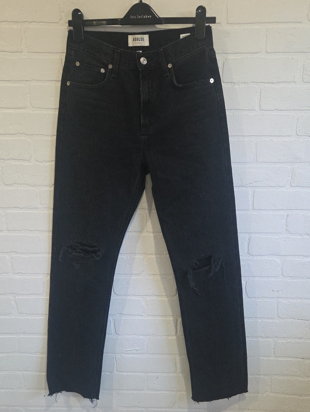 Agolde Black High-Rise Straight Leg Jeans with Knee Rips